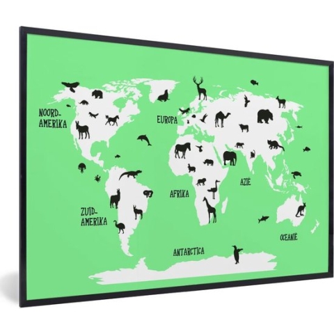 Wereldkaart Kinderen - Dieren - Mintgroen - Schoolplaat - Kinderkamer - 120x80 cm