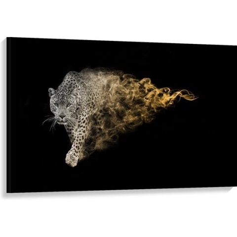 Canvas  - Zwart Wit Foto met Gouden Rook bij Panter - 120x80cm Foto op Canvas Schilderij (Wanddecoratie op Canvas)