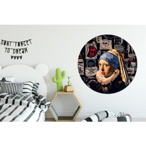 WallCircle - Schilderij - Oude Meesters Meisje Met De Parel Tattoo Vermeer - Multicolor - 120 X 120 Cm
