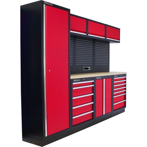 Kraftmeister werkplaatsinrichting - Werkbank met 3 wandkasten, 1 werkplaatskast, 1 opbergkast en multiplex werkblad - Werktafel met 12 laden en gereedschapswand - Complete set voor werkplaats of garage - Rood