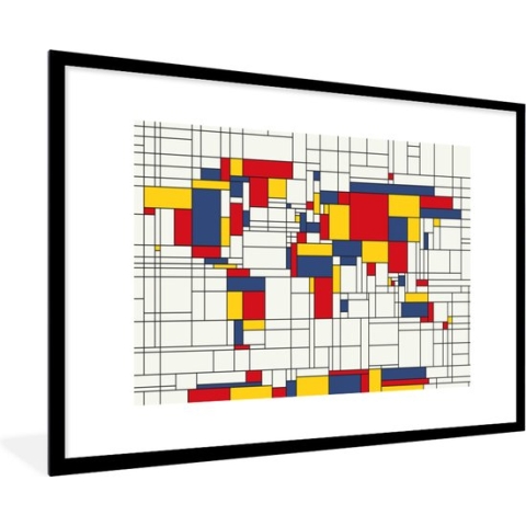 Fotolijst incl. Poster - Wereldkaart - Mondriaan - Kleuren - Kinderen - Jongetje - Meisje - Kids - 120x80 cm - Posterlijst
