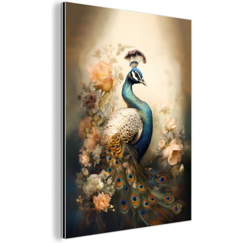 Wanddecoratie Metaal - Aluminium Schilderij Industrieel - Pauw - Pauwenveren - Bloemen - Vogels - Botanisch - 60x80 cm - Dibond - Foto op aluminium - Industriële muurdecoratie - Voor de woonkamer/slaapkamer