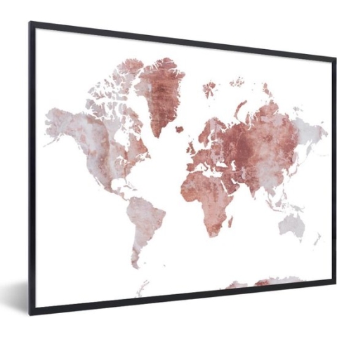 Fotolijst incl. Poster - Wereldkaart - Roze - Marmer - 80x60 cm - Posterlijst