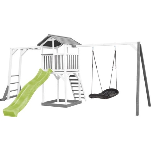 AXI Beach Tower Speeltoestel in Grijs/Wit - Speeltoren met Klimrek, Enkele Schommel, Limoen Groene Glijbaan en Zandbak - FSC hout - Speelhuis op palen voor de tuin