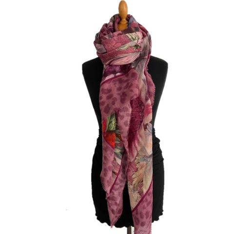 HIGHFIELD SHAWL DESSIN BLOEM MET EEN BREDE BORDER MET ANIMAL PRINT WOL 90CM X 190CM MULTICOLOUR/MAUVE