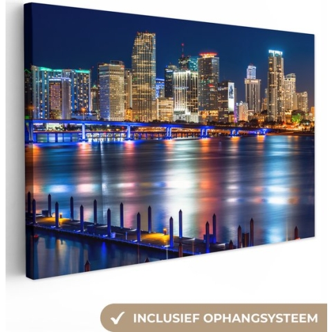 Canvas Schilderij Skyline - Miami - Amerika - 120x80 cm - Wanddecoratie