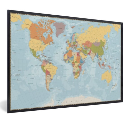 Fotolijst incl. Poster - Wereldkaart - Kleuren - Atlas - 90x60 cm - Posterlijst