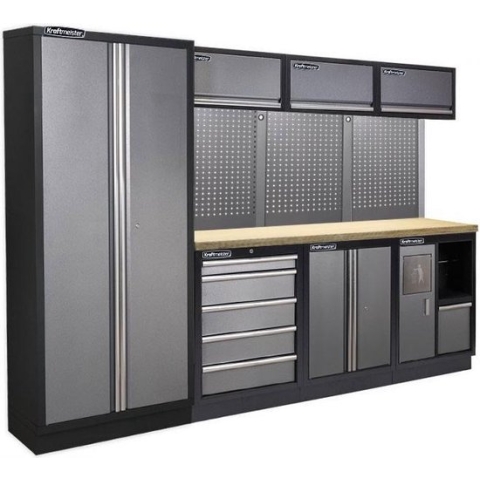 Kraftmeister werkplaatsinrichting - Werkbank met 3 wandkasten, 1 werkplaatskast, 1 opbergkast, 1 prullenbak en multiplex werkblad - Werktafel met 5 laden en gereedschapswand - Complete set voor werkplaats of garage - Grijs