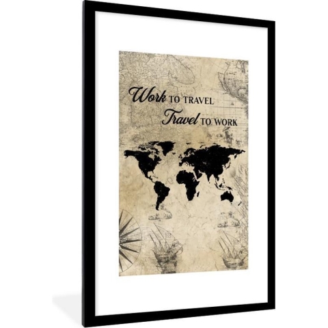Poster in lijst - Wereldkaart - Vintage - Quotes - Bruin - Fotolijst - Wanddecoratie - Poster - Slaapkamer - Kader - 80x120 cm - Kamerdecoratie - Foto in lijst - Muurdecoratie - Poster frame