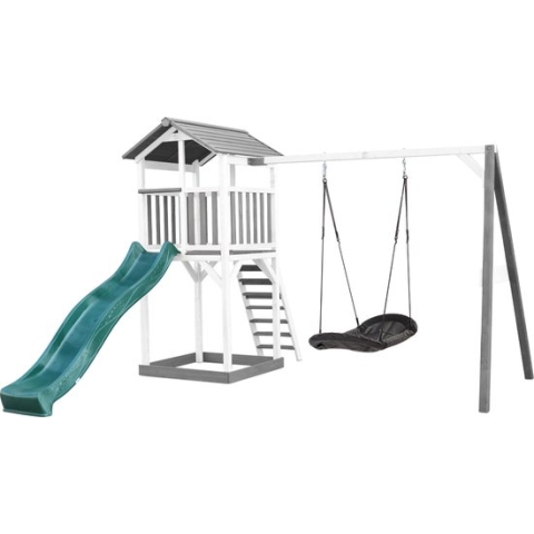 AXI Beach Tower Speeltoestel in Grijs/Wit - Speeltoren met Roxy Nestschommel, Groene Glijbaan en Zandbak - FSC hout - Speelhuis op palen voor de tuin