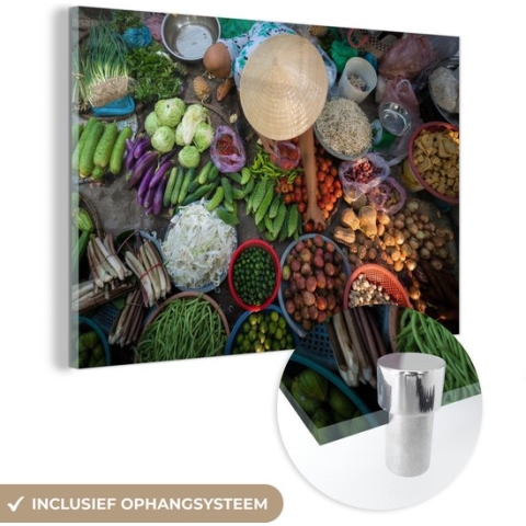 MuchoWow® Glasschilderij - Markt met producten die worden gebruikt in de Vietnamese keuken van bovenaf - 90x60 cm - Acrylglas Schilderijen - Foto op Glas