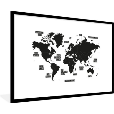 Poster in fotolijst kinderen - Muurdecoratie kinderkamer - Wereldkaart - Zwart - Wit - Kinderen - Jongen - Meisje - Poster kinderkamer - 120x80 cm - Kinder decoratie