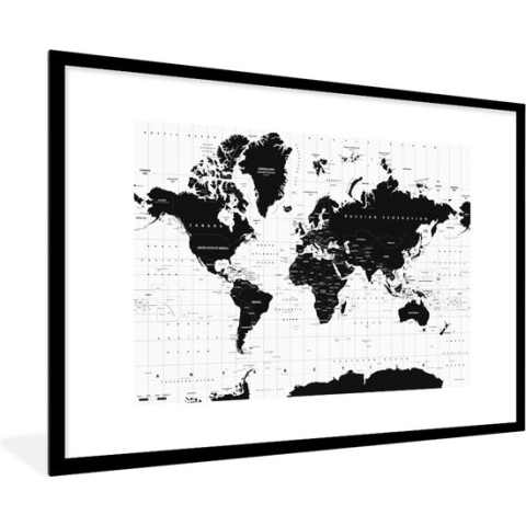 Fotolijst incl. Poster - Wereldkaart - Zwart - Wit - Atlas - Aarde - Educatief - 120x80 cm - Posterlijst