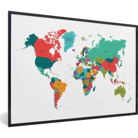 Fotolijst incl. Poster - Wereldkaart - Kleurrijk - Simpel - 120x80 cm - Posterlijst