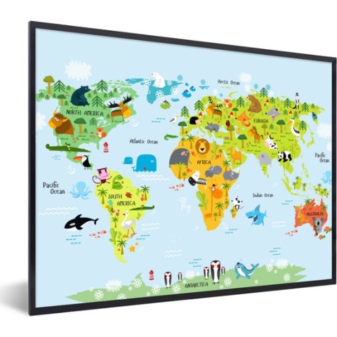 Poster in fotolijst kinderen - Wereldkaart - Kinderen - Dieren - Natuur - Jongens - Meisjes - Kinderposter - Schilderij voor kinderen - 80x60 cm - Kinderkamer decoratie