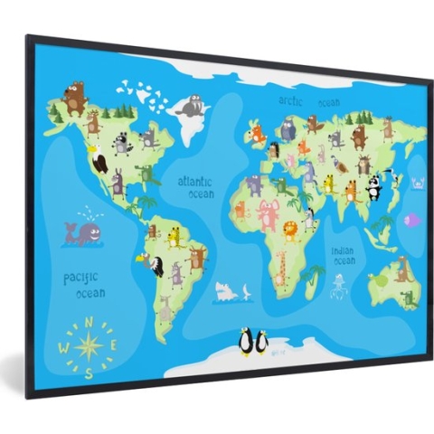 Poster in fotolijst kind - Wereldkaart - Kind - Dieren - Blauw - Jongens - Meisjes - Decoratie voor kinderkamers - 90x60 cm - Poster kinderkamer - Muurdecoratie kinderkamer