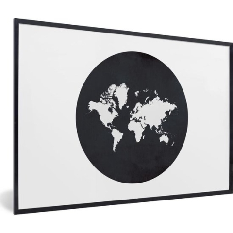 Fotolijst incl. Poster Zwart Wit- Wereldkaart - Zwart Wit - Cirkel - 90x60 cm - Posterlijst