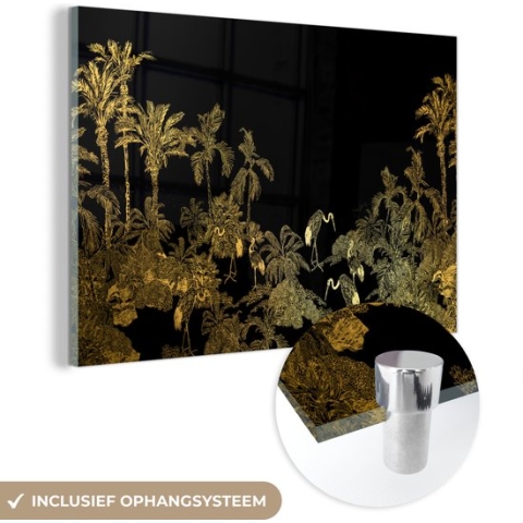 MuchoWow® Glasschilderij - Jungle - Vogels - Goud - Luxe - 150x100 cm - Acrylglas Schilderijen - Foto op Glas