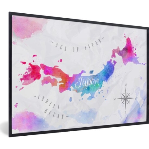 Fotolijst incl. Poster - Wereldkaart - Kleuren - Japan - 90x60 cm - Posterlijst