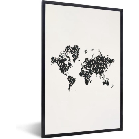Fotolijst incl. Poster - Wereldkaart - Cijfers - Zwart - 60x90 cm - Posterlijst