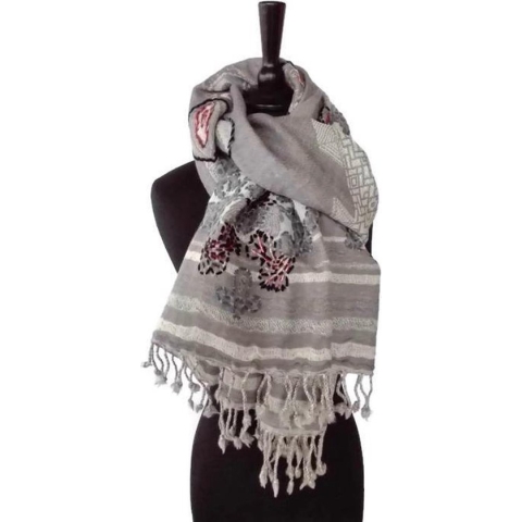 Geborduurde Kasjmier Wollen Dames Sjaal - 180 x 70 cm - Grijs