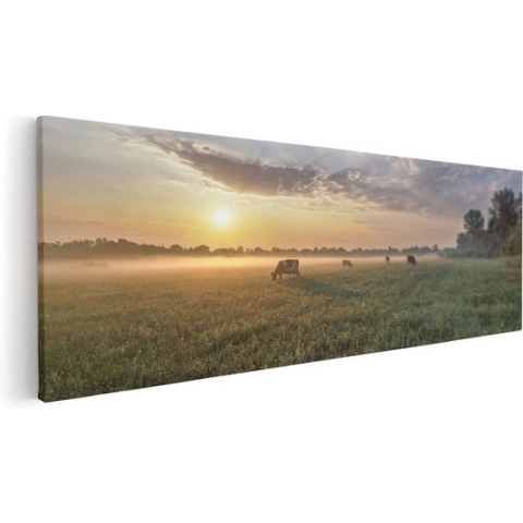 Artaza Canvas Schilderij Koeien In De Wei Tijdens Zonsopkomst  - 120x40 - Groot - Foto Op Canvas - Canvas Print