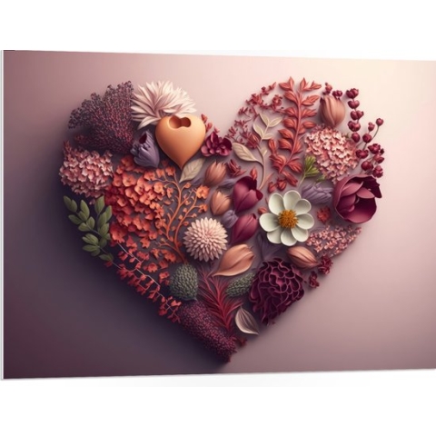 PVC Schuimplaat - Hart van Verschillende Kleuren en Soorten Bloemen op Roze Achtergrond - 100x75 cm Foto op PVC Schuimplaat (Met Ophangsysteem)