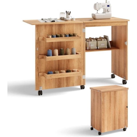 2-in-1 naaikast en bureau, naaitafel inklapbaar, naaimachinetafel rolbaar, naaimachinekast, multifunctionele tafel, werktafel voor woonkamer, slaapkamer en kantoor, 59 x 40 x 79,5 cm (natuur)