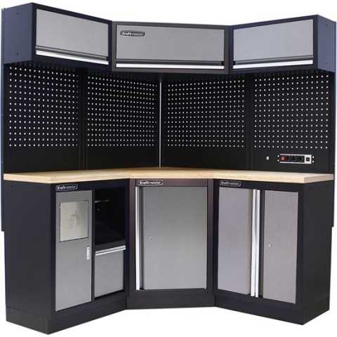 Kraftmeister werkplaatsinrichting - Werkbank met 3 wandkasten en multiplex werkblad - Werktafel met 2 opbergkasten, 1 prullenbak en gereedschapswand - Complete set voor werkplaats of garage - Grijs