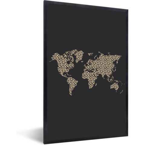 Fotolijst incl. Poster - Wereldkaart - Luipaard - Dieren - 60x90 cm - Posterlijst