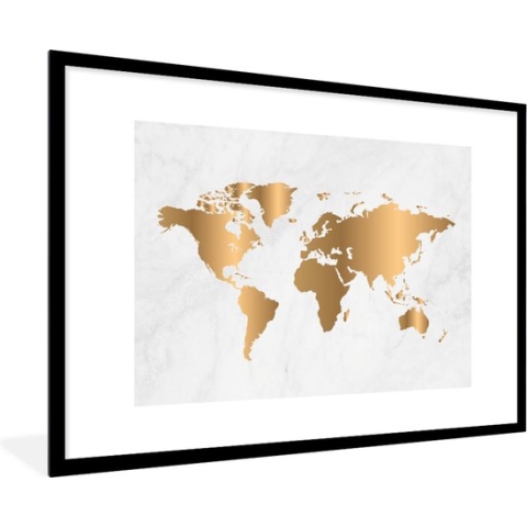 Fotolijst incl. Poster - Wereldkaart - Goud - Marmerlook - Luxe - Design - 120x80 cm - Posterlijst