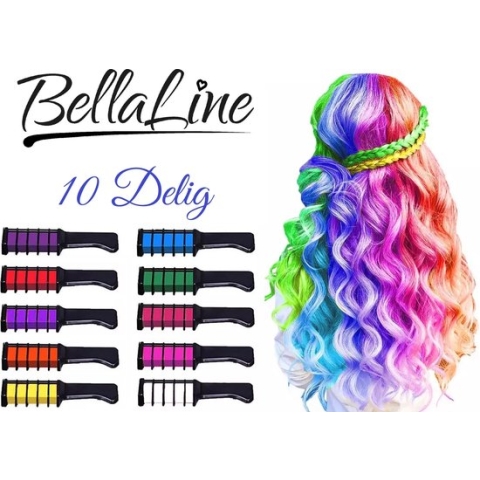 Haarkrijt 10 Delig – BellaLine - Hairchalk 10 Pcs - Haarkrijt voor kinderen – Hair chalk – Haar krijt – Haarverf – Speelgoed – Knutselen voor kinderen – Krijt – Lol – Haarkrijt kam – Haarstift Kinderfeestjes - Haarmascara -Smink - Carnaval