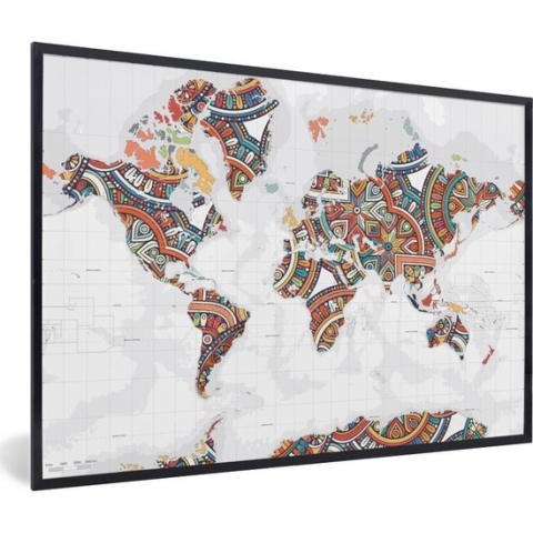 Fotolijst incl. Poster - Wereldkaart - Versiering - Kleurrijk - 90x60 cm - Posterlijst