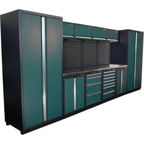 Kraftmeister werkplaatsinrichting - Werkbank met 4 wandkasten, 2 werkplaatskasten en RVS werkblad - Werktafel met 11 laden, 2 opbergkasten en gereedschapswand - Complete set voor werkplaats of garage - Groen