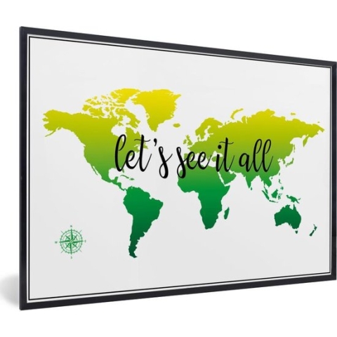 Fotolijst incl. Poster - Wereldkaart - Groen - Kompas - 90x60 cm - Posterlijst