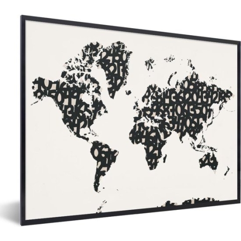 Fotolijst incl. Poster - Wereldkaart - Cijfer - Zwart - 80x60 cm - Posterlijst