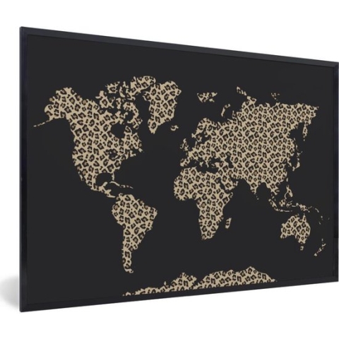 Fotolijst incl. Poster - Wereldkaart - Dierenprint - Luipaard - 90x60 cm - Posterlijst