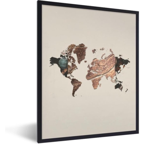 Fotolijst incl. Poster - Wereldkaart - Hout - Bruin - 60x80 cm - Posterlijst