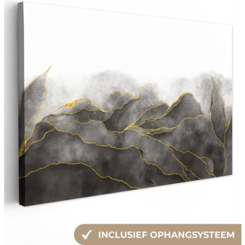 Canvas Schilderij Marmer - Zwart - Goud - Luxe - Marmerlook - 150x100 cm - Wanddecoratie