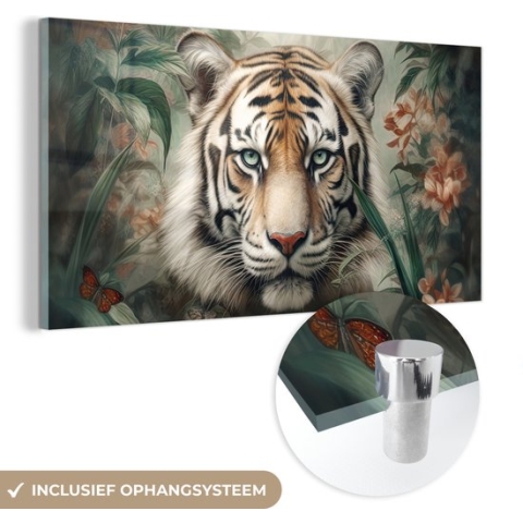 Glasschilderij - Tijger - Bloemen - Blinder - Dieren - Natuur - Glasplaat - Foto op glas - Glasschilderijen woonkamer - Schilderij op glas - 160x80 cm - Muurdecoratie - Wanddecoratie - Slaapkamer - Kamer decoratie
