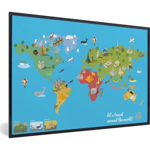 Wereldkaart Kinderen - Modern - Symbolen - Schoolplaat - Kinderkamer - 120x80 cm