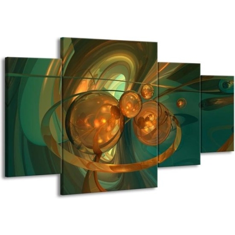 GroepArt - Schilderij -  Abstract - Blauw, Goud, Bruin - 160x90cm 4Luik - Schilderij Op Canvas - Foto Op Canvas