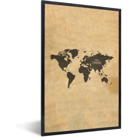Fotolijst incl. Poster - Wereldkaart - Retro - Quotes - 80x120 cm - Posterlijst