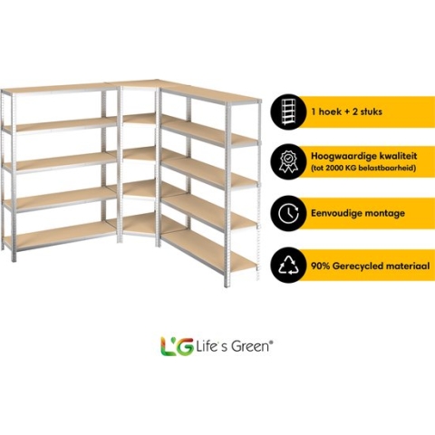 Life’s Green Stelling Set 120 cm - Opbergrek - Stellingkast - Hoekstelling - 2x Stelling 120 cm - 1x Hoekstelling 70 cm - Zilver