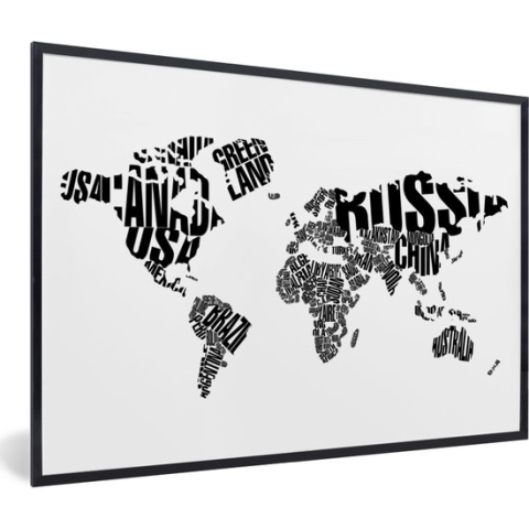 Fotolijst incl. Poster - Wereldkaart - Zwart - Wit - Woorden - Kind - Jongen - Meisje - 90x60 cm - Posterlijst