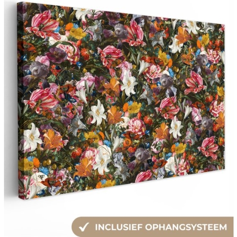 Canvas Schilderij Bloemen - Vlinder - Design - Kunst - Abstract - Schilderij - Oude meesters - 120x80 cm - Wanddecoratie