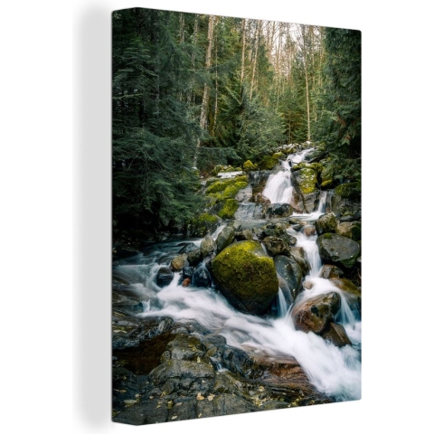 Canvas schilderij - Waterval - Stenen - Mos - Bomen - Canvas doek - Muurdecoratie - 90x120 - Schilderijen op canvas - Slaapkamer
