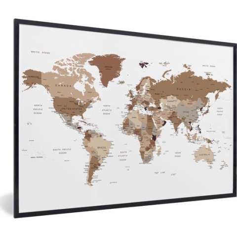 Fotolijst incl. Poster - Wereldkaart - Simpel - Bruin - 120x80 cm - Posterlijst