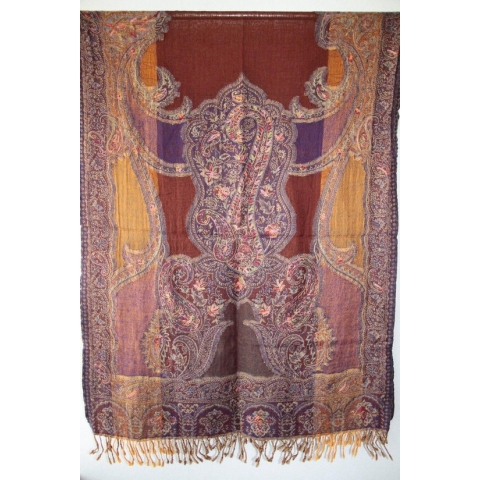1001musthaves.com Wollen dames sjaal bruin goudgeel lila met fijn meerkleurig borduurwerk 70 x 180 cm