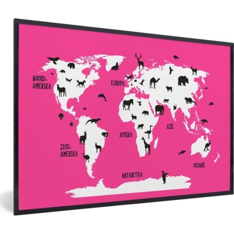 Wereldkaart Kinderen - Dieren - Roze - Schoolplaat - Kinderkamer - 90x60 cm
